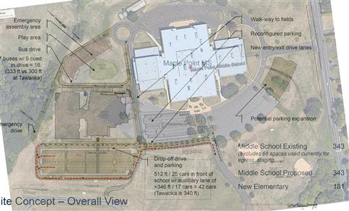 Overlay map of the new school building and parking lots